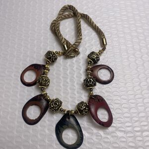 Bold Chunky Painted Wood And Gold Floral Beaded Rope Necklace Twist Clasp